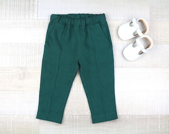 Boys green trousers, toddler classic pants, children chino garment, pants with pockets