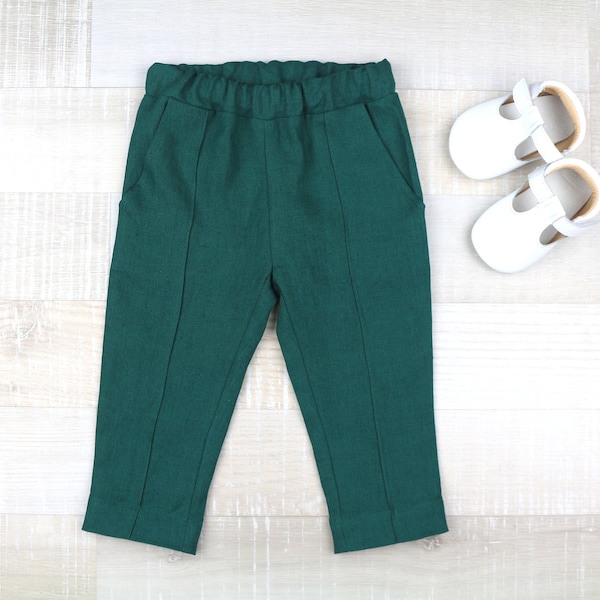 Boys green trousers, toddler classic pants, children chino garment, pants with pockets