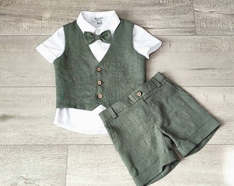 Boys sage green ring bearer outfit,  waistcoat, short set for toddlers