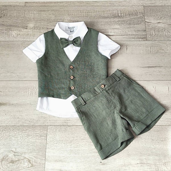 Boys sage green ring bearer outfit,  waistcoat, short set for toddlers