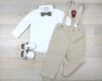 Boys beige suspender pants + shirt,  Baptism suspender outfit, Long trousers