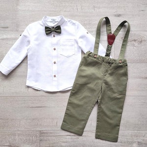 Pagen Junge olivgrün Anzug Set, Baby Leinen Trägerhose, Kleinkind Shirt, Taufe Straps Outfit
