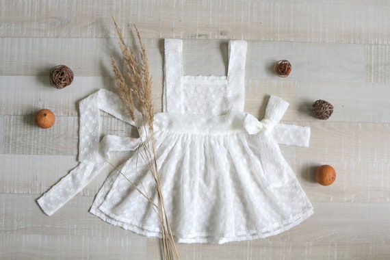 Vintage Girls Apron Dress: White Silk Smock Pinafore