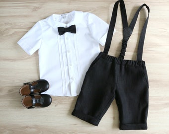 Boys black carrier short set, peter pan shirt, toddler page boy outfit, baby ceremonial clothes