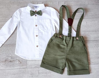 Page boy olive green suit set, Baby linen carrier shorts, Toddler shirt, Boys outfit set