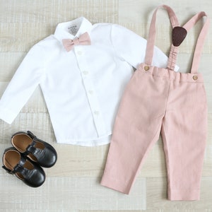Ringträger Roségold Anzug, Baby Jungen Leinen Trägerhose, Taufe Straps Outfit
