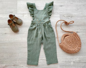 Girls sage green ruffle overall, Jumpsuit, Toddler flutter sleeve bodysuit, kids linen long playsuit