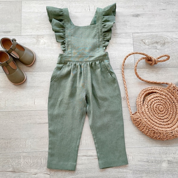 Mädchen salbei grün Rüschen insgesamt, Jumpsuit, Kleinkind Flatterärmel Bodysuit, Kinder Leinen langer Playsuit