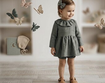 Vestito in lino per neonati, abito con colletto a balze, abito casual + mutandine