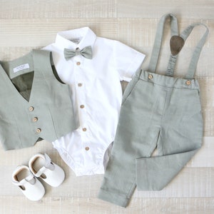 Baby boy olive green suit set, Page boy vest, pants, shirt, Ring bearer suit image 3