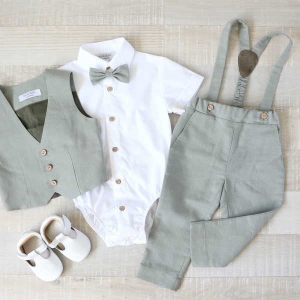 Ensemble costume vert bébé garçon, chemise habillée pour garçon, tenue page garçon, gilet, chemise, pantalon, noeud papillon