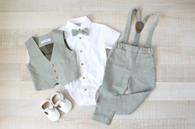 Baby boy olive green suit set, Page boy vest, pants, shirt, Ring bearer suit image 3