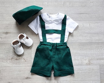 Boys Baptism outfit set, Shorts with braces+ cotton shirt + hat, St.Patrick outfit for babys