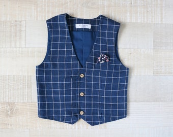 Gilet de lin garçon avec poche poitrine, gilet de baptême pour enfants, gilet pour tout-petits