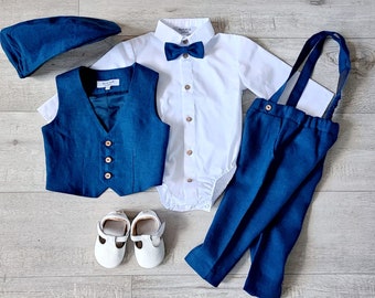 Page boy navy linen outfit, Onesie shirt + Vest + Cap + Pants+ Bow tie