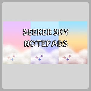 May include: A notepad design with the text "SEEKER SKY NOTEPADS" in black. The design features three panels with colorful sky backgrounds and stylized airplane illustrations. The sky colors include pink, blue, and yellow.