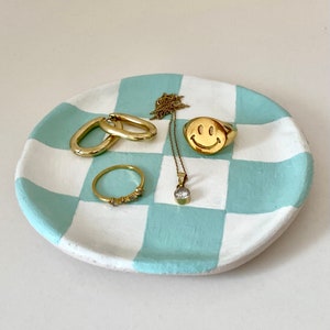 Checkered Jewellery Dish, Handmade Ring Dish, Clay Trinket Dish, Gifts For Her, Jewellery Lovers Gift Mint Blue