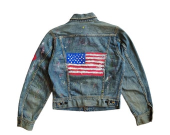 Vintage LEE RIDER Japon Denim main peinture peinte des années 90 délavé Grunge Trucker Jacket taille Small des années 1990 Jeans Western Jeans veste en détresse