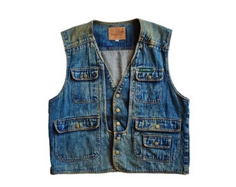 90s Manx Sleeveless Denim Vintage Faded Grunge Distressed Jacket size Large 1990s Vest Jeans Utility Multi Pocket Workwear jacket