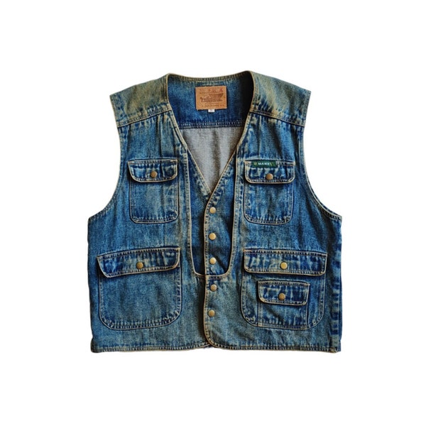 90s Manx Sleeveless Denim Vintage Faded Grunge Distressed Jacket size Large 1990s Vest Jeans Utility Multi Pocket Workwear jacket