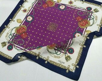 Vintage CELINE 90s cotton handkerchief 18 x 18 Inches Purple bandana Gold Chain Luxury Royal Baroque Motive pocketsquare scarf