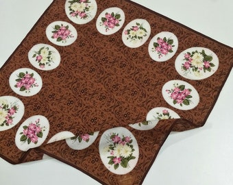 Hallmark Design Collection Floral motive luxury cotton 80s 90s Vintage handkerchief 18.5 x 18.5 Inches Brown bandana pocketsquare scarf