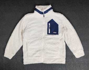 Fila Vintage fleece Sweater Jacket size Medium White Sherpa Streetwear Warm Winter Jacket