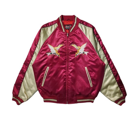 【ヴィンテージ】mustard Sukajan made in Japan Vintage 1950s Souvenir Jacket Japan Gold Maroon Red Green Sukajan