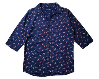 Abby Vill Press Button Up Womens shirt Size L Japanese brand Blouse Japan Abstract Koi Fish Indigo Dyed Traditional shirt