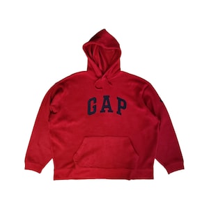May include: Red hooded sweatshirt with a large navy blue "GAP" logo on the front.