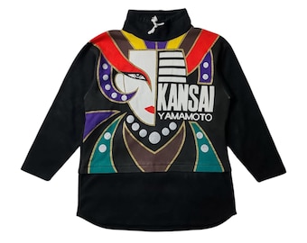 KANSAI YAMAMOTO Vintage 80s 90s Fleece Sweater size M to L 1980s 1990s Kansai O2 Japan Iconic Geisha Art Colourful Designer Pullover