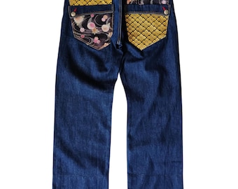 Pantalones vaqueros japoneses vintage GUMU, talla 32-33, estilo Yakuza Harajuku con bordado de Sakura oriental, ropa de calle mediana