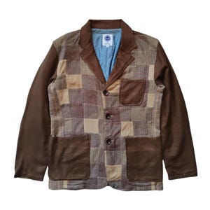 May include: A brown patchwork blazer with a checkered pattern. The blazer has a notched collar, a button-up front, and two patch pockets.