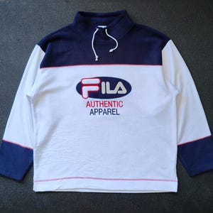 Fila Vintage fleece Sweater Jacket size Medium White Sherpa Streetwear Warm 90s 1990s Winter Big Logo Jacket Pullover