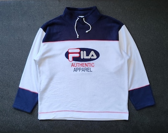 Fila Vintage fleece Sweater Jacket size Medium White Sherpa Streetwear Warm 90s 1990s Winter Big Logo Jacket Pullover