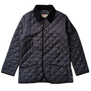 May include: A black quilted jacket with a corduroy collar and three buttons. The jacket has two front pockets and a diamond pattern. The jacket is a size medium.
