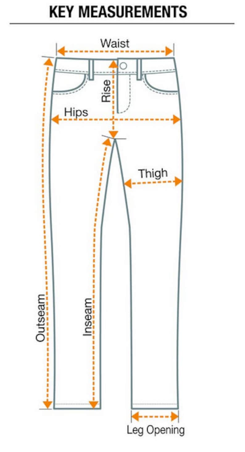 Może przedstawiać: Diagram przedstawiający kluczowe wymiary spodni, w tym talię, biodra, wysokość stanu, udo, długość wewnętrzną, długość zewnętrzną i szerokość nogawki.