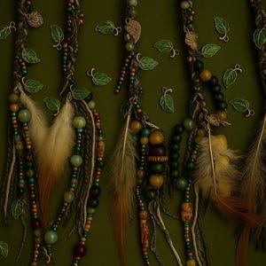 May include: Close-up of several decorative hair wraps with beads, feathers, and leaf charms. The wraps feature a mix of green, brown, and gold beads, with feathers in shades of brown and tan. The background is a solid olive green.