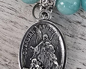 GUARDIAN ANGEL and Archangel Michael Medal of Protection. St. Michael & Guardian Angel on one medal Genuine Gemstone Handmade Bracelet