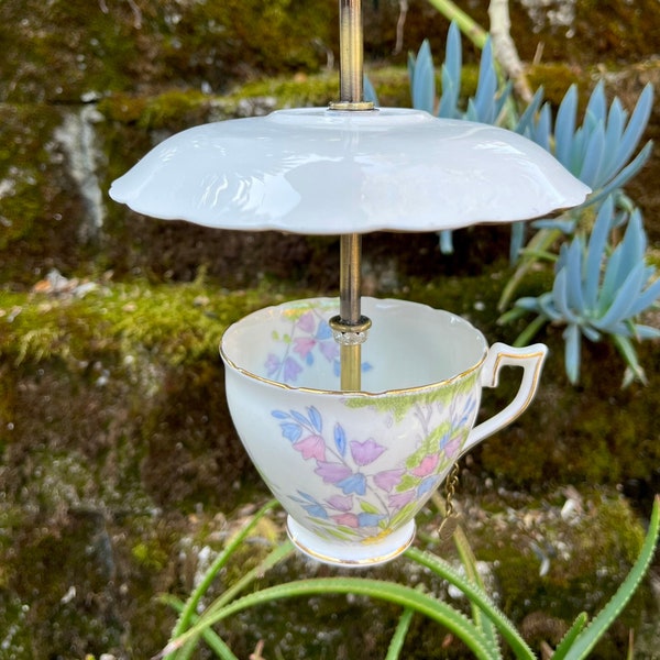 Bumbershoot Tea Cup Bird Feeder, 1930s Vintage ENGLISH TEA CUP & Saucer, Hanging Bird Feeder, Gift for Mom Garden Gift, Birthday Mothers Day