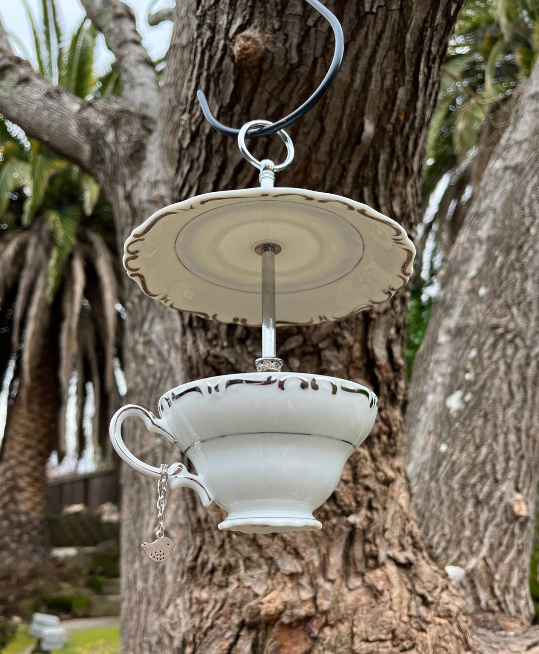 Bumbershoot Tea Cup Bird Feeder, Vintage 1950s JAPAN PORCELAIN, Hanging