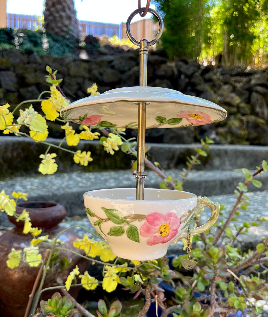 Teacup Bird Feeder 1940s VINTAGE TEA CUP Franciscan Desert Rose teacup-bird-feeder-1940s-vintage-tea-cup-franciscan-desert-rose