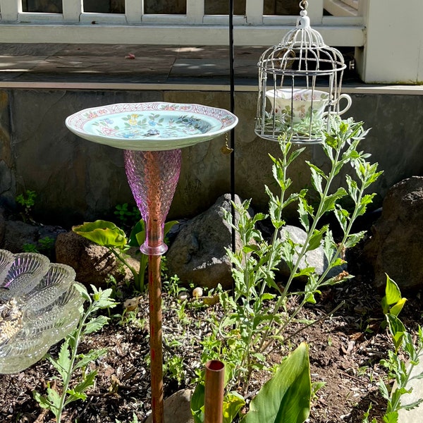 Pole Mount Bird Feeder, Vintage 1960s Adams Ironstone Plate, Free Standing Bird Feeder Bird Bath Butterfly Feeder Gift for Mom Birthday
