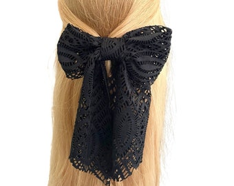 Black Oversized Long Tail Lace Hair Bow for Women Handmade Romantic Barrette Clip Vintage-Inspired Statement Gothic Hair Coquette Bow Gift