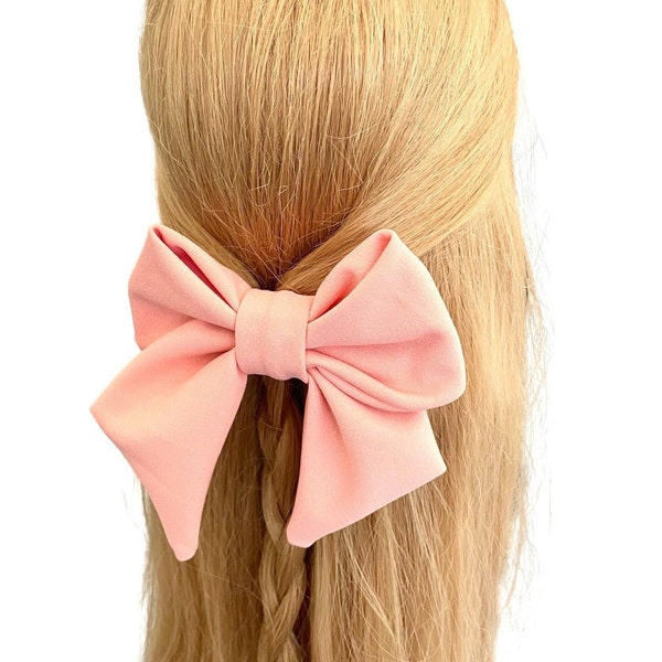 Oversized salmon pink fabric hair bow barrette clip for women