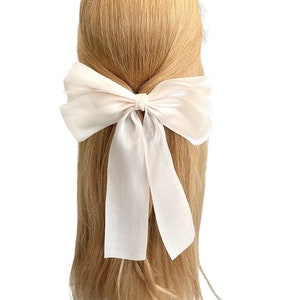 Champagne white satin bow hair barrette clip for women Long tail coquette ribbon hair bow Elegant stylish bridal wedding hair accessories