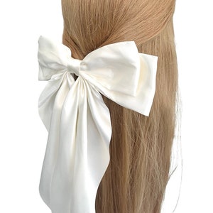 Champagne white satin bow hair barrette clip for women Coquette bow Classic long tail hair clips Wedding bridal hair accessories for her