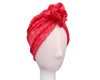 Summer Lace Women's Hair Turban Bright Pink Turban Hat Pre Tied Stretch Alopecia Turban