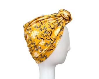 Mustard women's hair turban, Floral Retro Front Knot Turban Hat, Soft French terry head wrap for women, Stylish chemo head turban