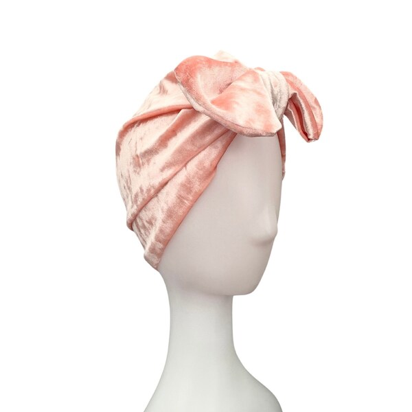 Blush Pink Velvet Turban Hat Retro Style Stretchy Soft Cozy Bow Turban Head Wrap Pink Hair Loss Alopecia Hair Turban